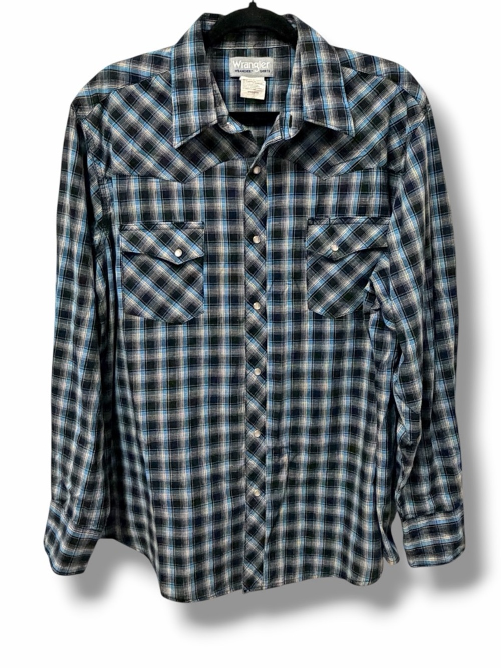 Wrangler Wrancher XL Blue Plaid Pearl Snap Western Casual Shirt Cowboy Rodeo